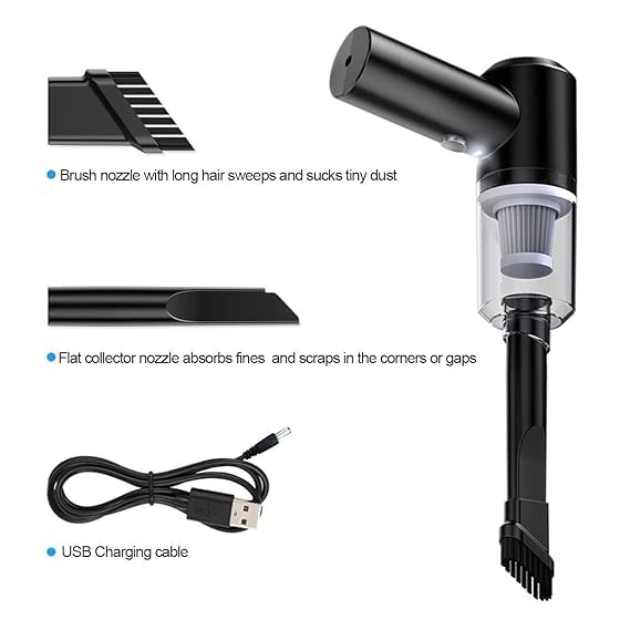 Portable Cordless Car Vacuum Cleaner - Mini Handheld Auto Vac with Washable Filter & Attachments, USB Rechargeable, Black